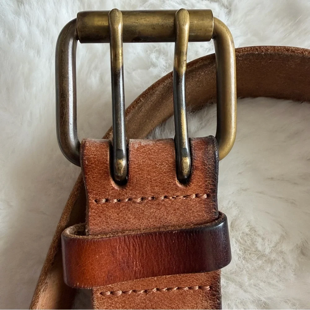 Vintage Distressed Leather Belt Solid Brass Double Prong Buckle Brown Size 34