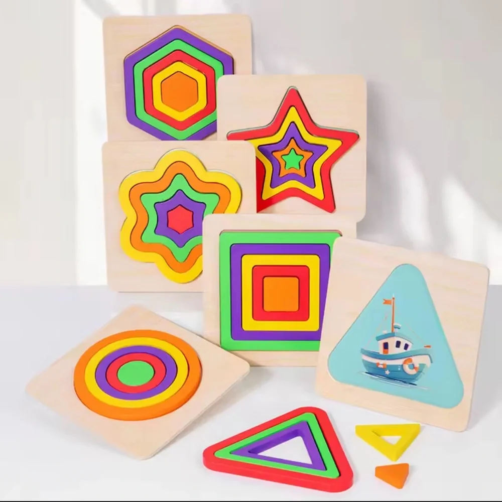 Wooden 3D Shapes Color Cognition Board Geometric Puzzles Montessori