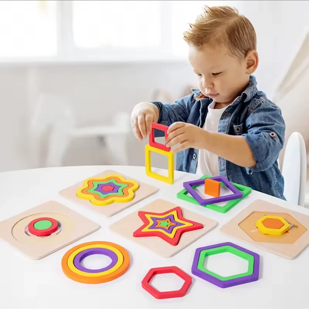 Wooden 3D Shapes Color Cognition Board Geometric Puzzles Montessori