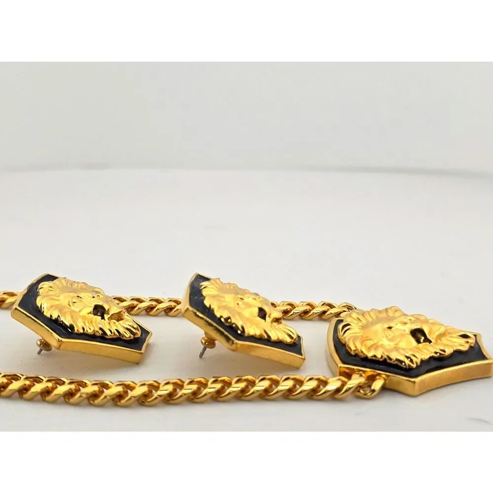 Vintage Lion Head Earrings Necklace Set Gold Tone 18