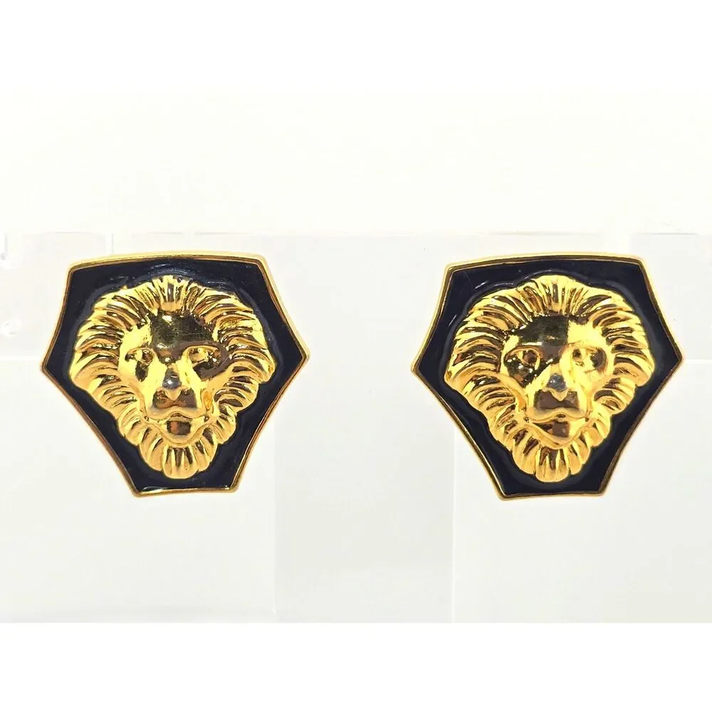 Vintage Lion Head Earrings Necklace Set Gold Tone 18