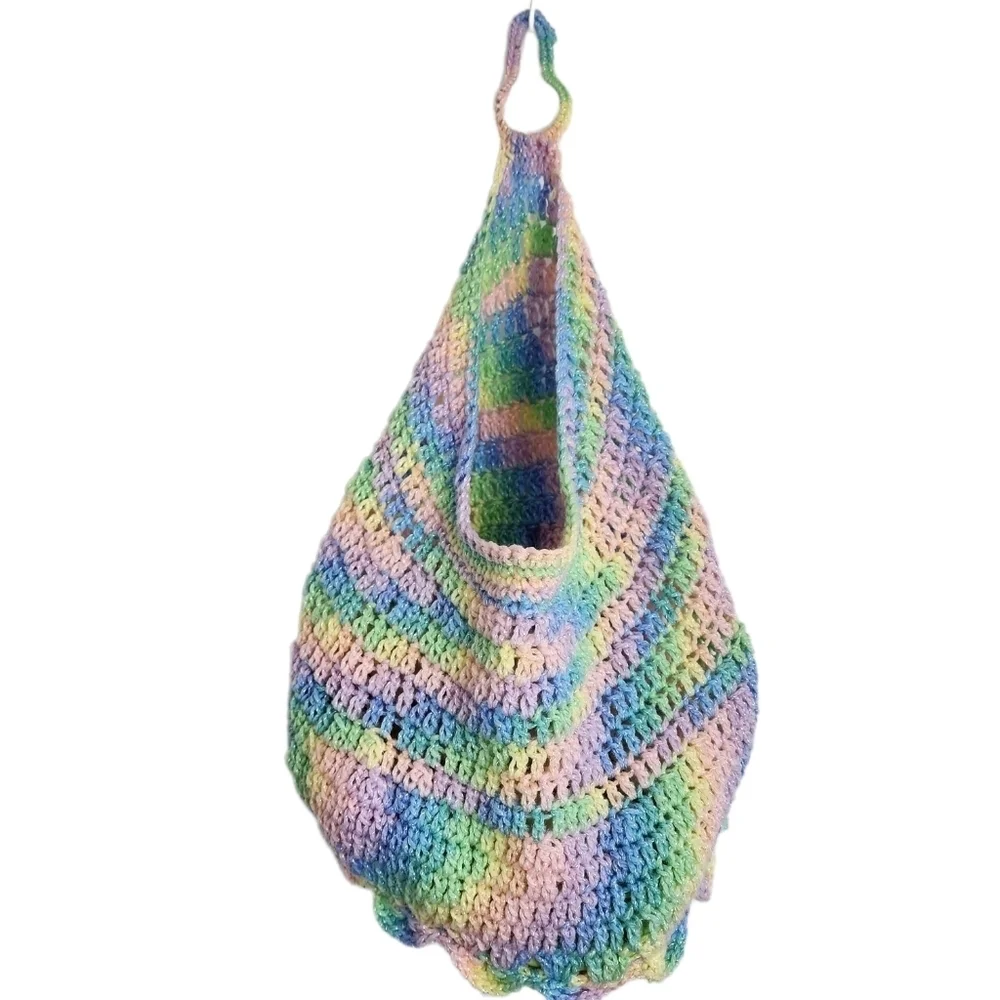 Hand Crochet Multi Color Hanging Basket With Hook New