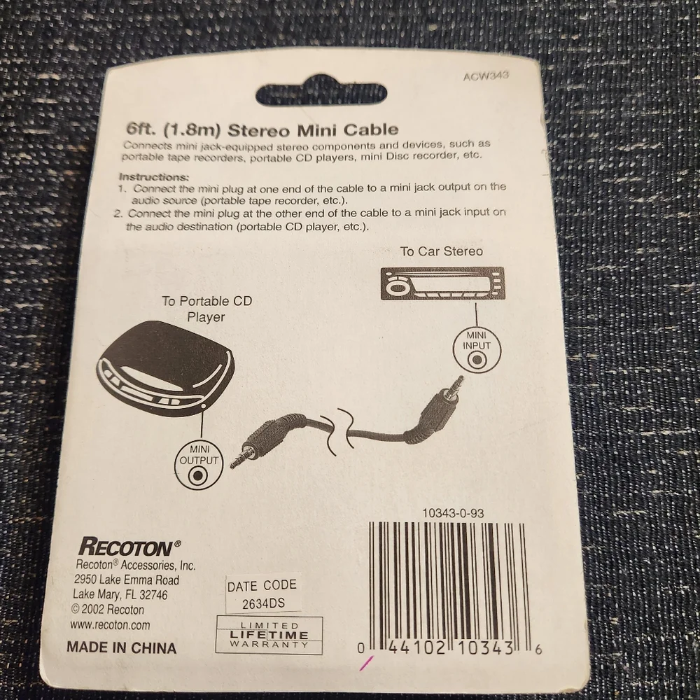 5/$20 Audio Stereo Mini Cable 6 feet ACW343 Recoton