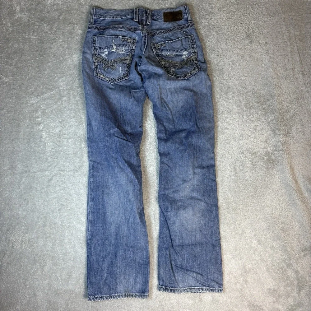 BKE Jeans Bootleg Carter Mens 29L Blue Jeans Stretch Denim Whiskers