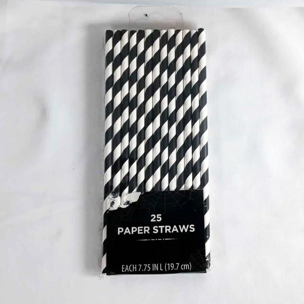 Black and White Striped Paper Straws 25 CT Gothic Party Décor NEW