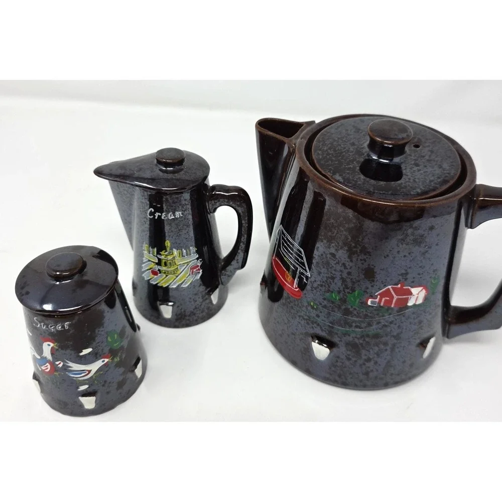 Original Design Tea/Coffee Pot Creamer And Sugar Set Dark Brown Ceramic Vintage