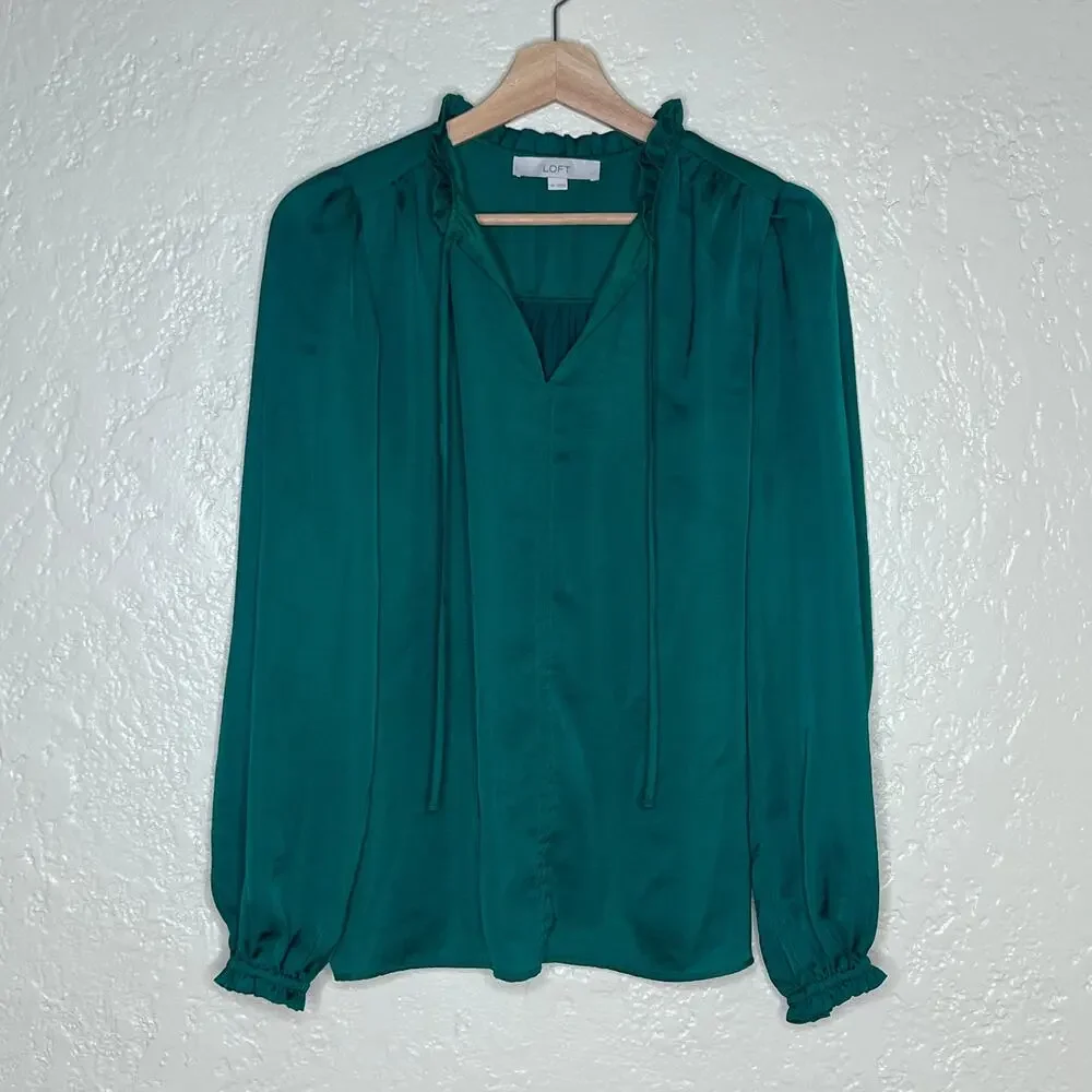 Loft Green Puff Sleeve Tie Neck Cotton Modal Blouse Womens Medium