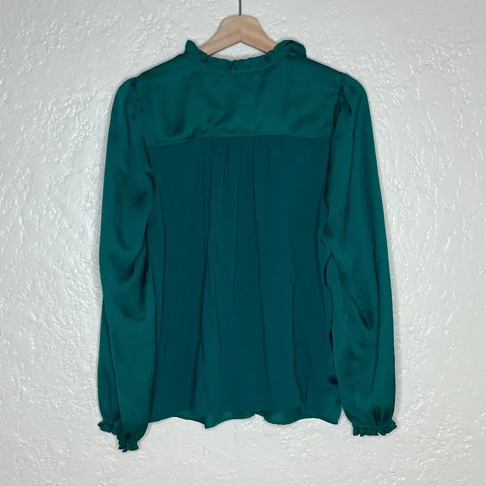 Loft Green Puff Sleeve Tie Neck Cotton Modal Blouse Womens Medium