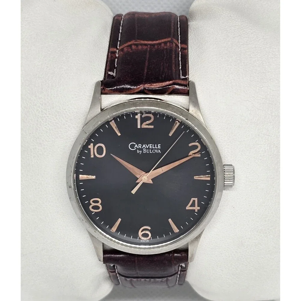 Men's Caravelle New York by Bulova Black Dial Brown Leather Strap Watch 13