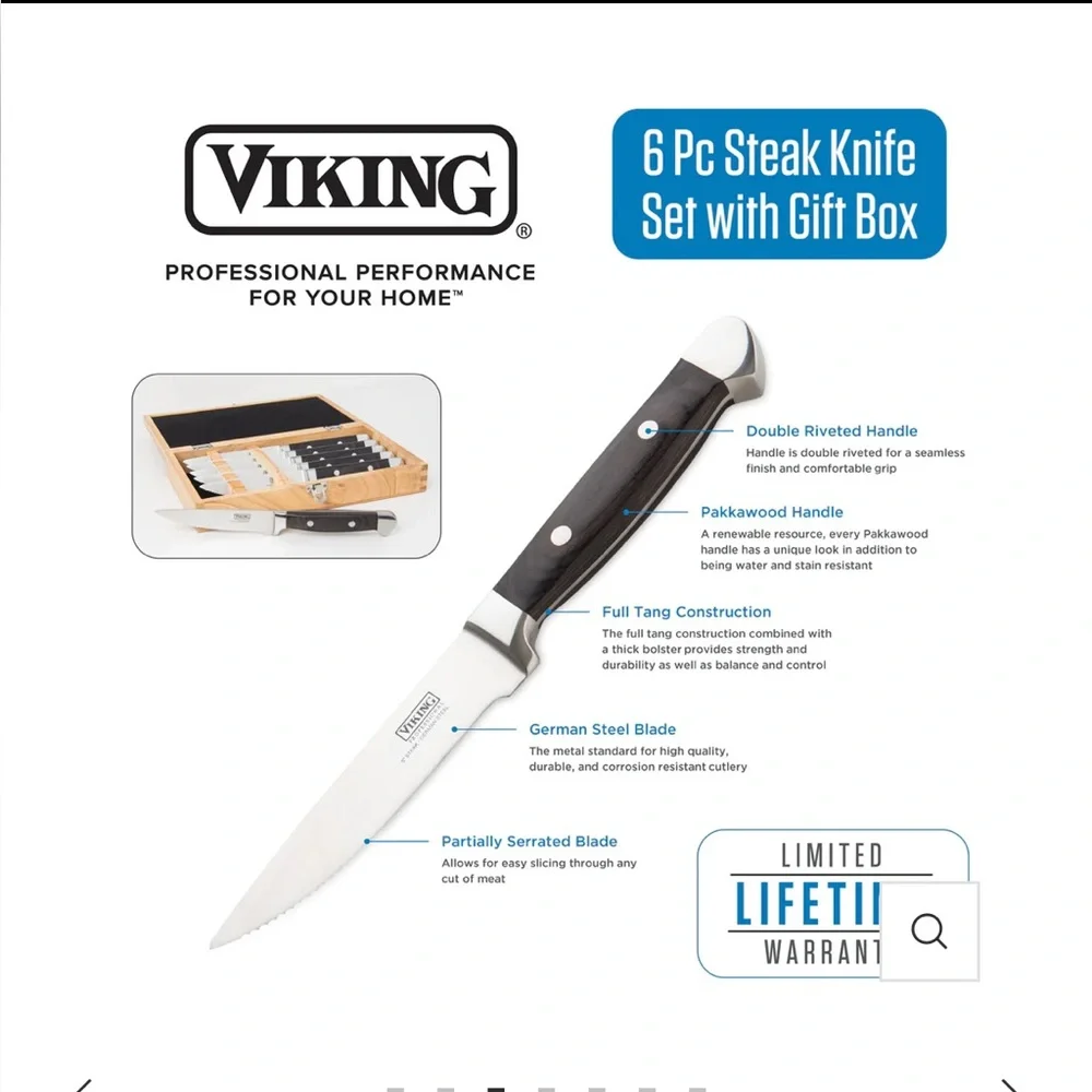 VIKING STEAKHOUSE PAKKA WOOD 6-PIECE STEAK KNIFE SET WITH GIFT BOX (BLACK) $159
