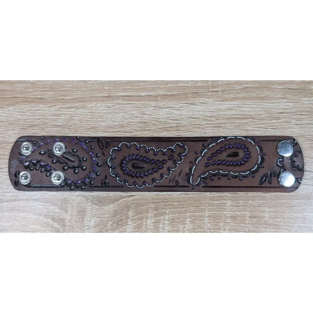 Brown Leather Cuff Bracelet Paisley Embossed Purple Studded Snap Closure