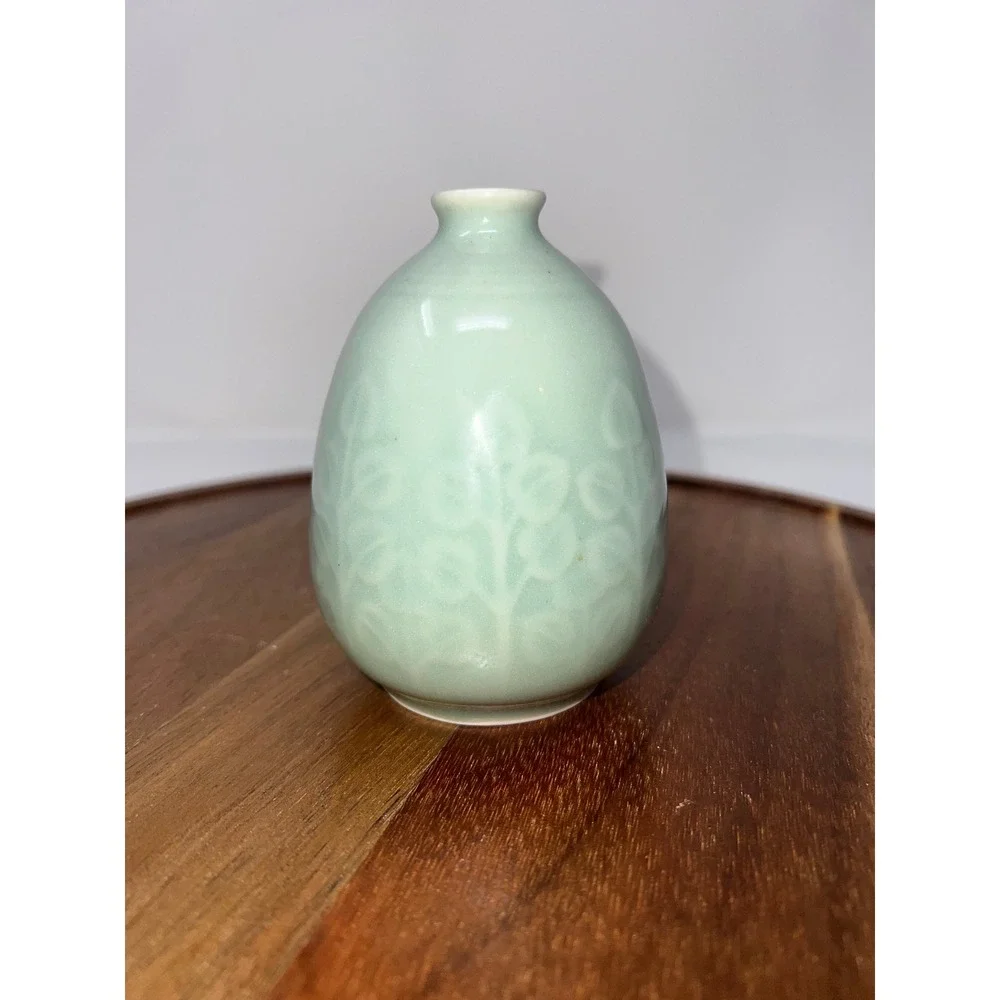 Celadon Bud Vase Embossed Floral Design Small Ceramic Tabletop‎ Decor
