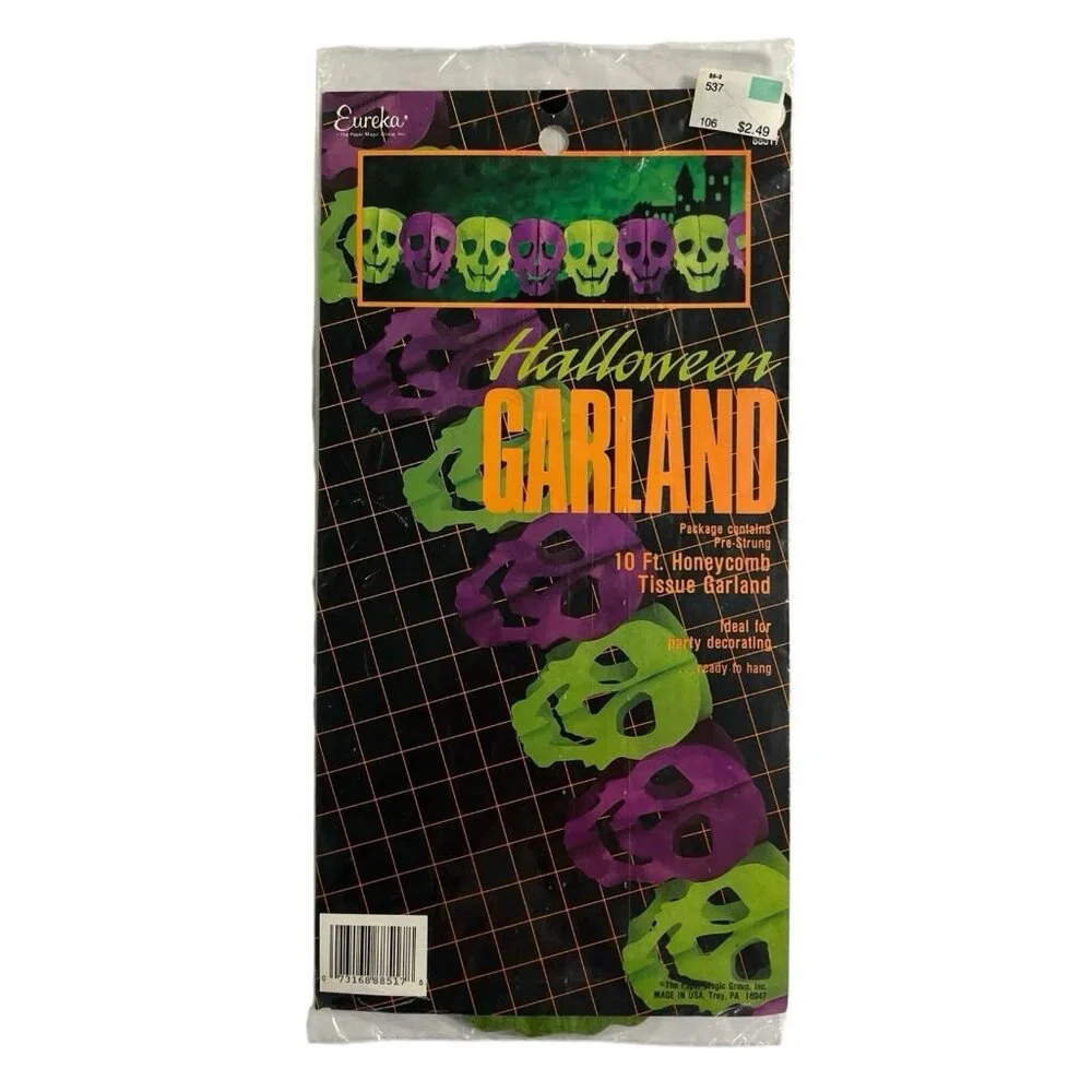 Eureka Halloween Honeycomb‎ Halloween Garland Skulls Green Purple Tissue NOS