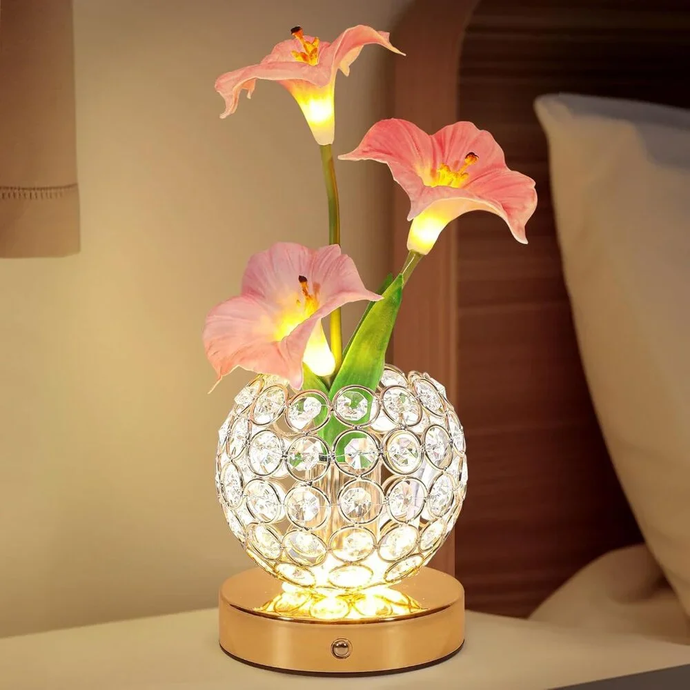 Pink Artificial Flower Rechargeable Morning Crystal Touch Glory Table Lamp Decor