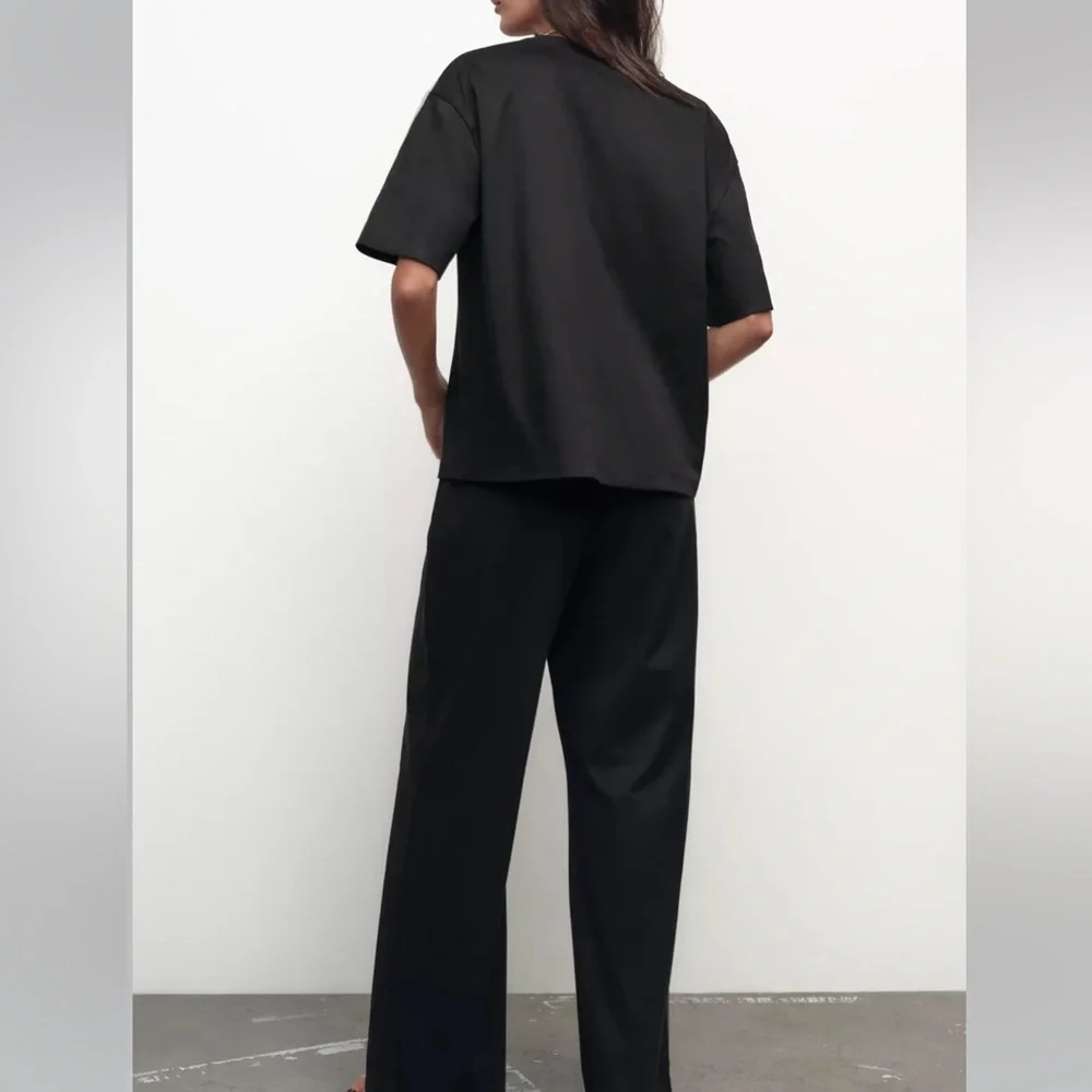 Zara NWT 2 piece matching SET black faux suede tee shirt & wide leg pants