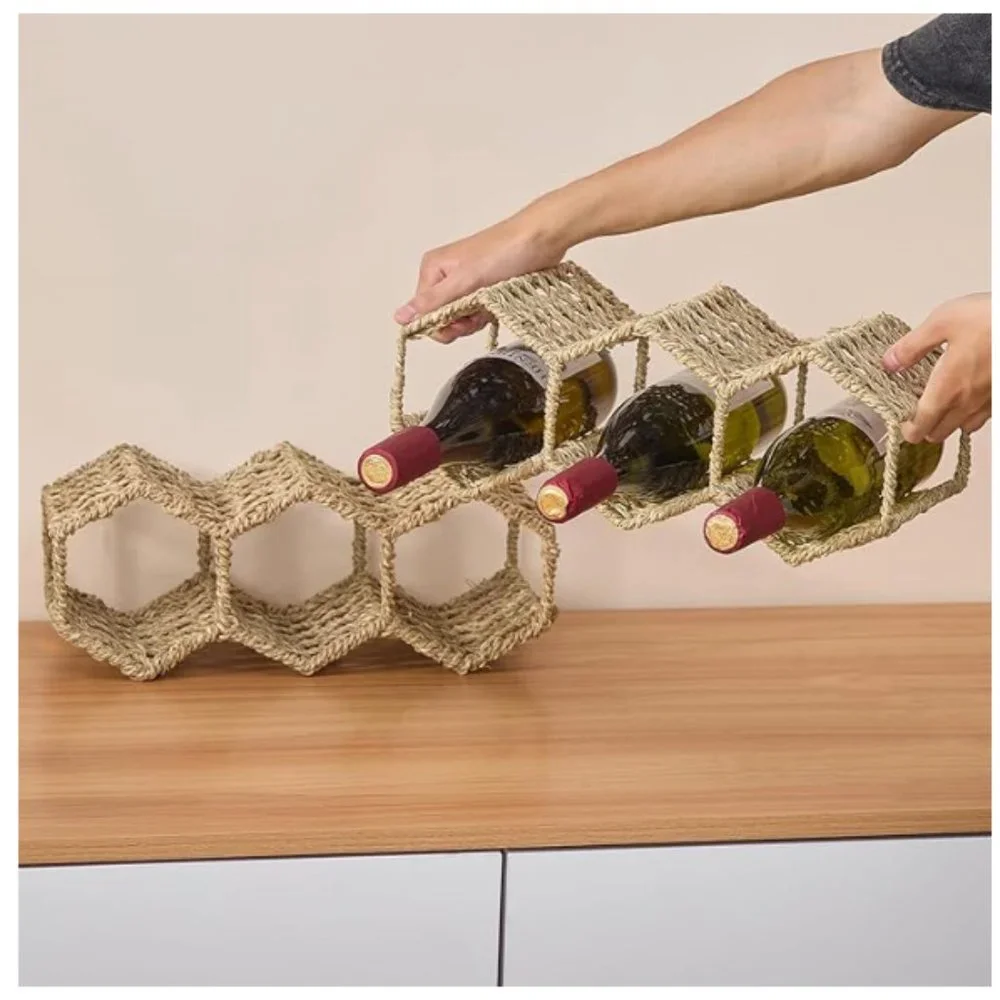 NEMSHIN Natural Seagrass Handmade Tabletop Wine Holder Bottle Rack 1 Layer