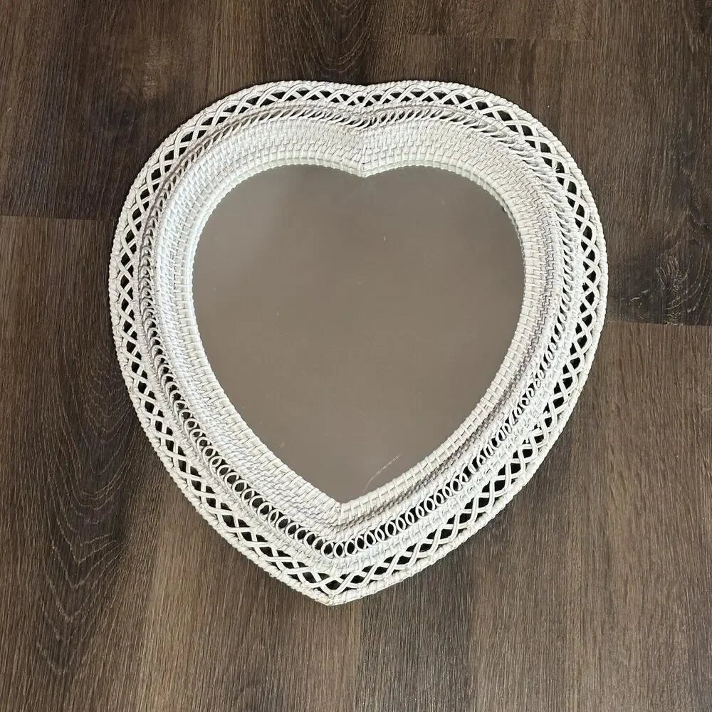 Vtg Open Weave Heart Shaped White Wicker Wall Mirror Boho Shabby Chic 18X19