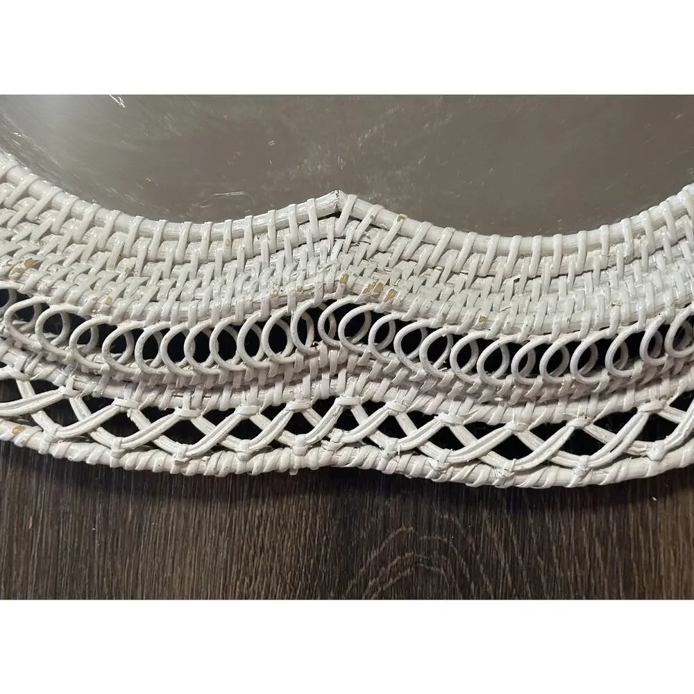 Vtg Open Weave Heart Shaped White Wicker Wall Mirror Boho Shabby Chic 18X19