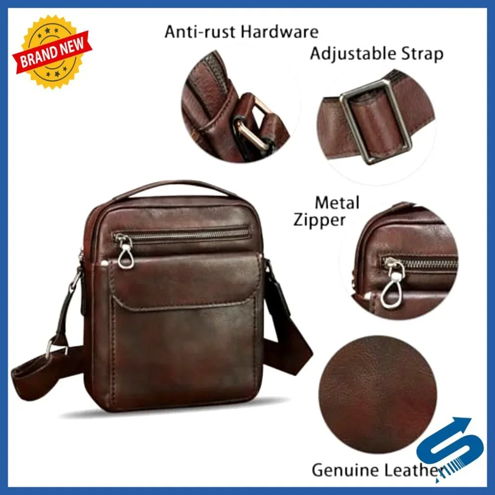 Genuine Leather Messenger Bag Adjustable Crossbody Satchel for Men