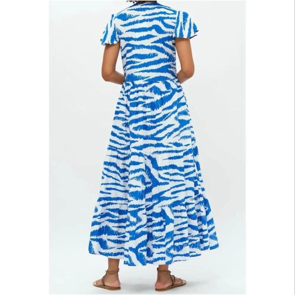 Oliphant Dipsy Midi Dress Blue White Block Print Cotton Resort XS