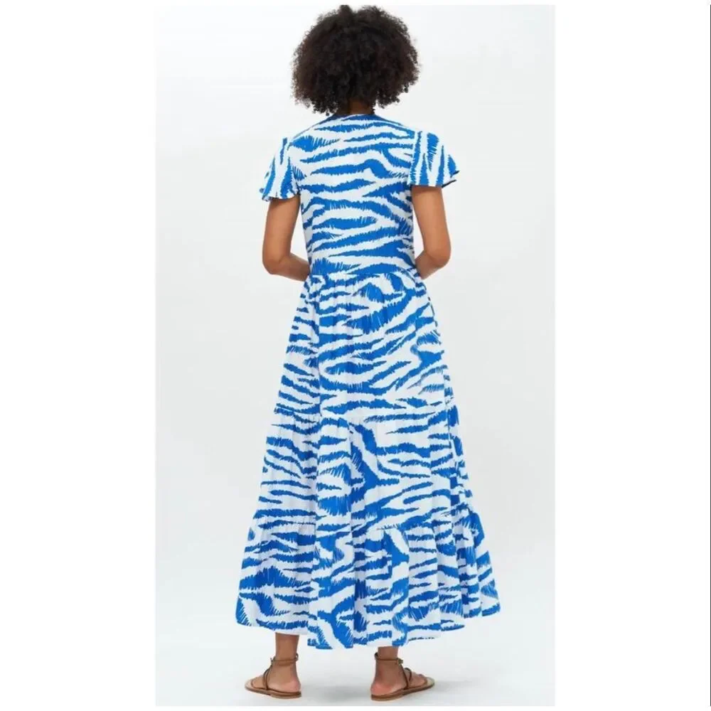 Oliphant Dipsy Midi Dress Blue White Block Print Cotton Resort XS