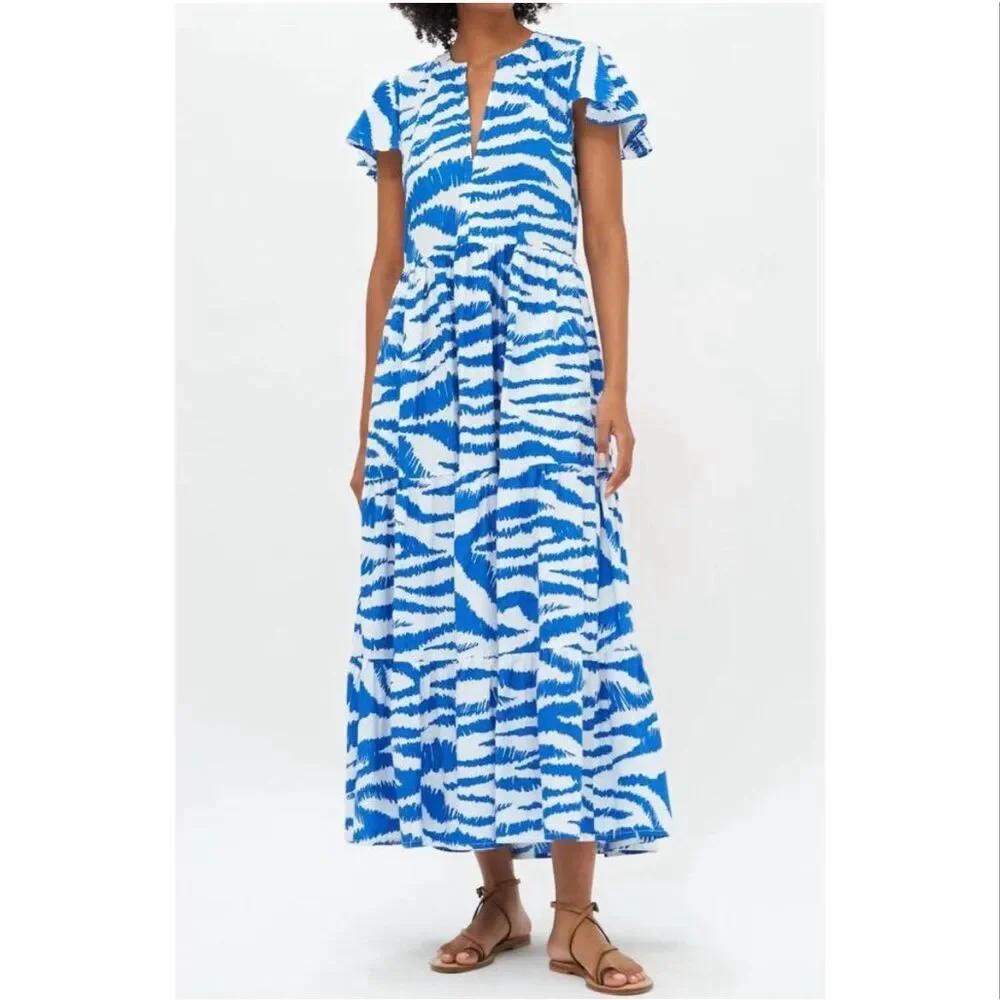 Oliphant Dipsy Midi Dress Blue White Block Print Cotton Resort XS