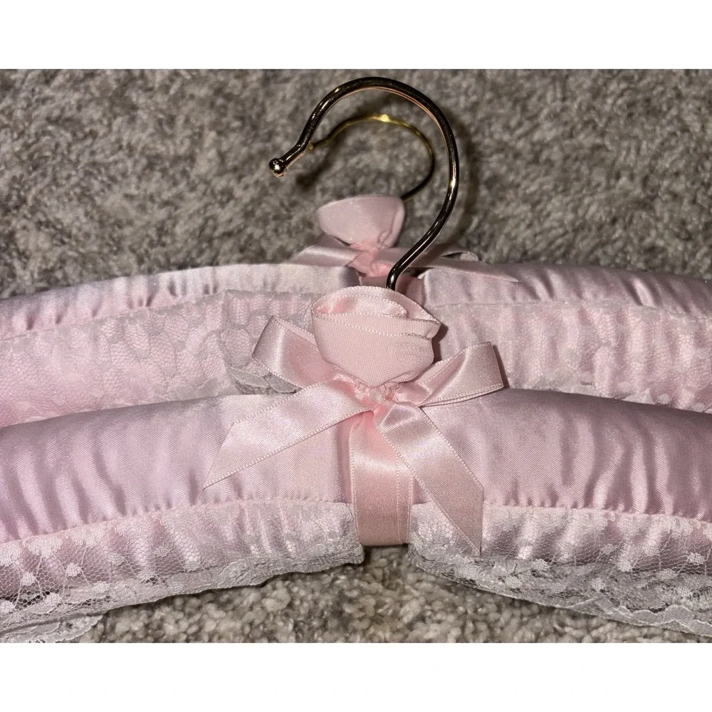 Set of Two Pink Satin and Lace Clothes Hangers Grandma Core Bridal Rosebud