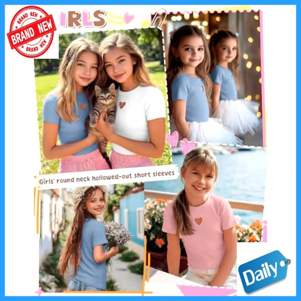 Girls' 3 Pack Cotton Ribbed Tees Slim Fit Heart Cutout Tops 5-14 Years