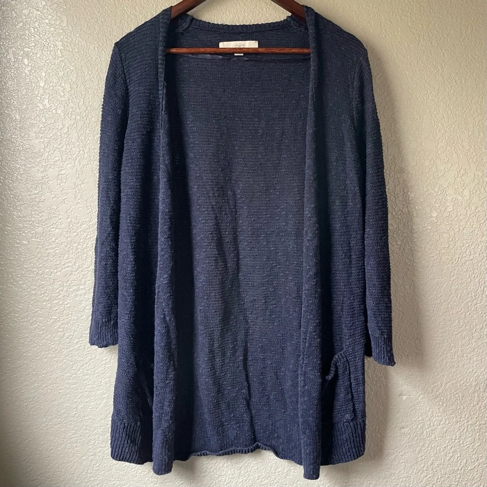 Loft Womens Medium Navy Blue Linen Cotton Open Front Knit Cardigan Boho Coastal