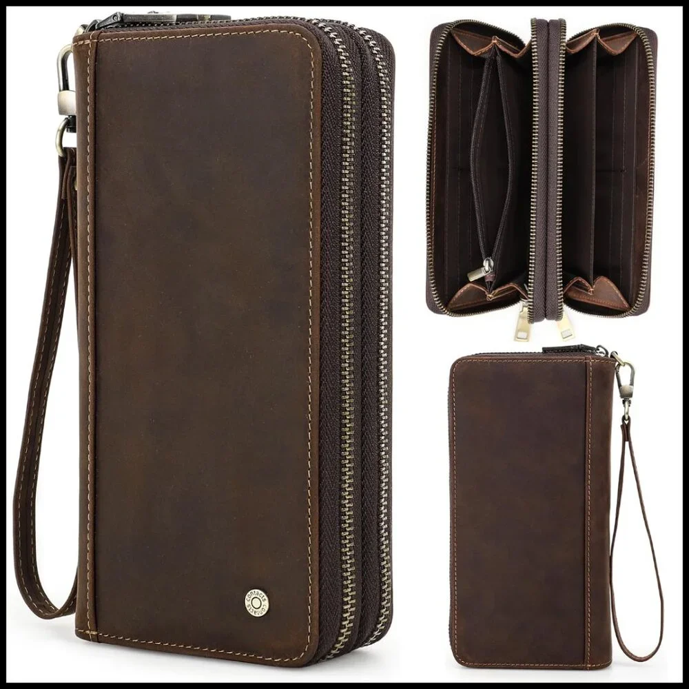 Top Grain Leather Clutch Wallet Wristlet Vintage Retro RFID Blocking Large