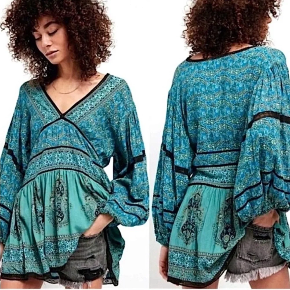 Free People Luna Scarf Print Tunic Ocean Blue Green