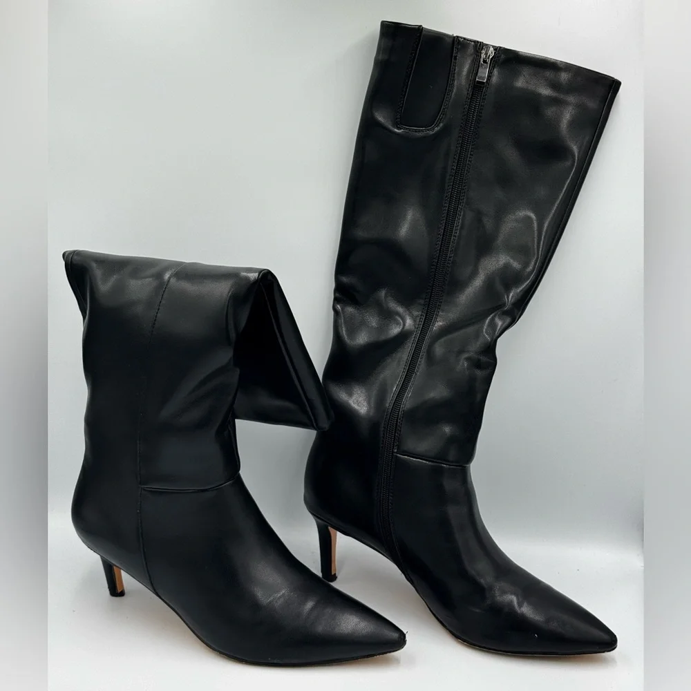 Black Leather Knee High Slouch Stiletto Boots Size 9.5 Pointed Toe Zip