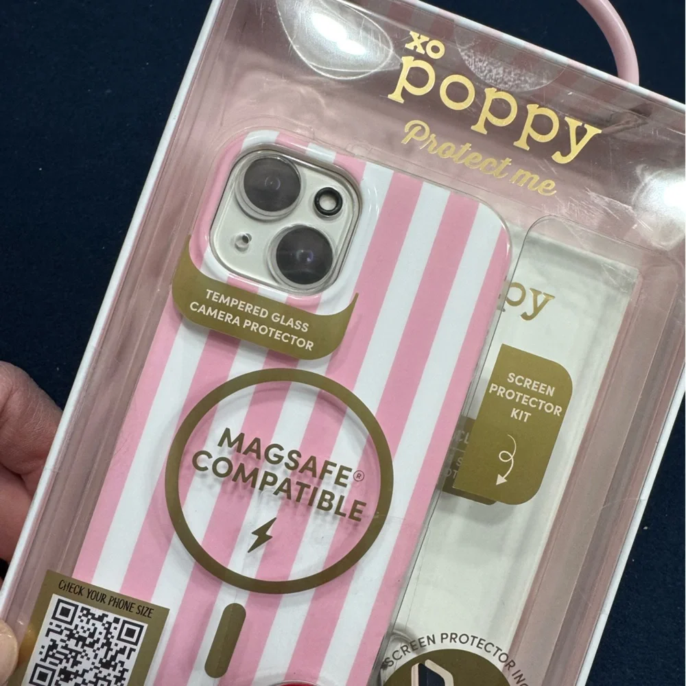 XO POPPY pink striped iPhone 15/14/13 case & 3 in 1 Protection Bundle🩷🤍🩷
