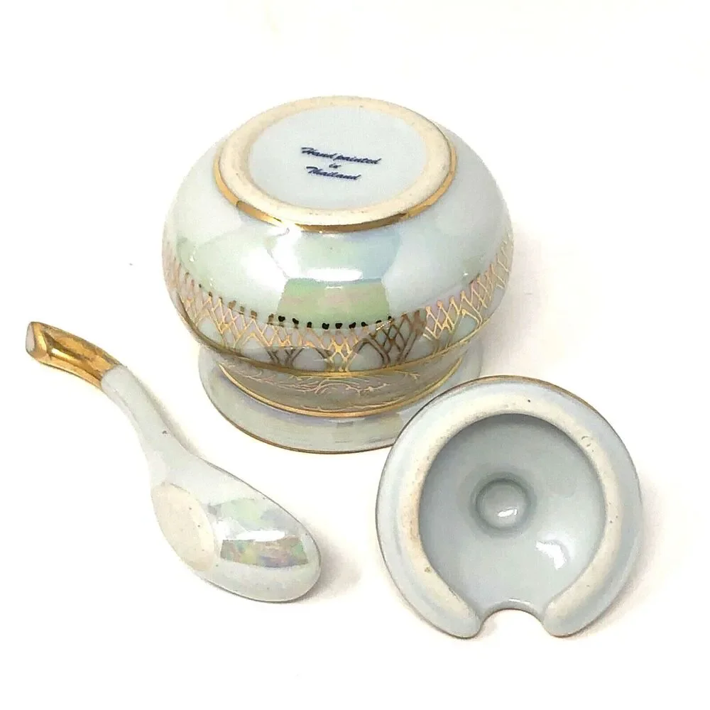 Porcelain Lusterware Serving Set VTG 4 Jam Jars w/Lids Spoons & Tray Thailand