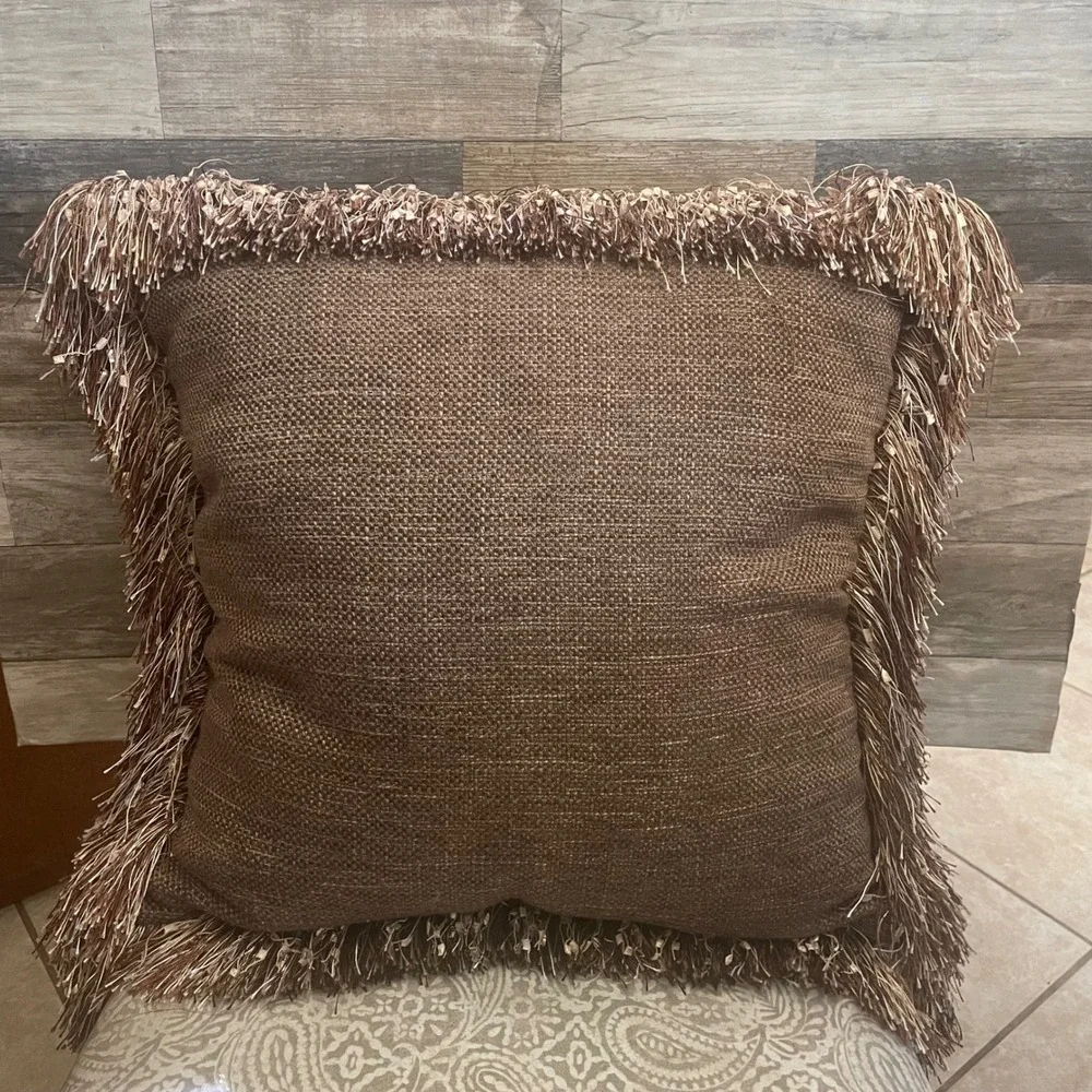 Pier 1 Imports Brown Burlap Woven Throw Pillow with Eyelash Fringe Trim confetti