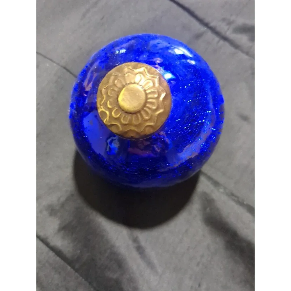 Vintage German Kugel Style Blue Ornament Brass Cap Mercury Glass Globe