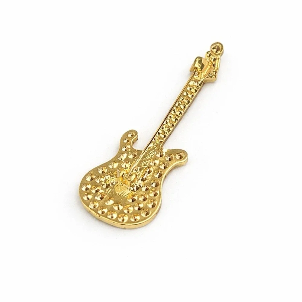Purple Rhinestone Electric Guitar Brooch with Gold Tone Metal Accent Pin 2.25