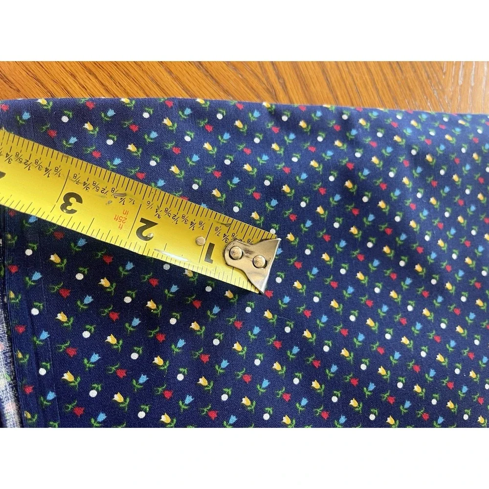 Vintage Blue Floral Fabric Dark Navy Red Yellow Tulip Flower Cottagecore 1.5 Yds