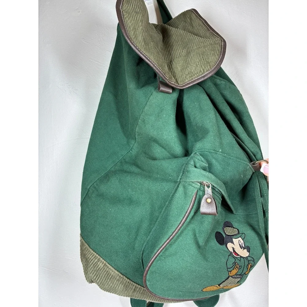 Vintage Mickey Disney Green Canvas Corduroy Backpack Embroidered 90s Y2K READ