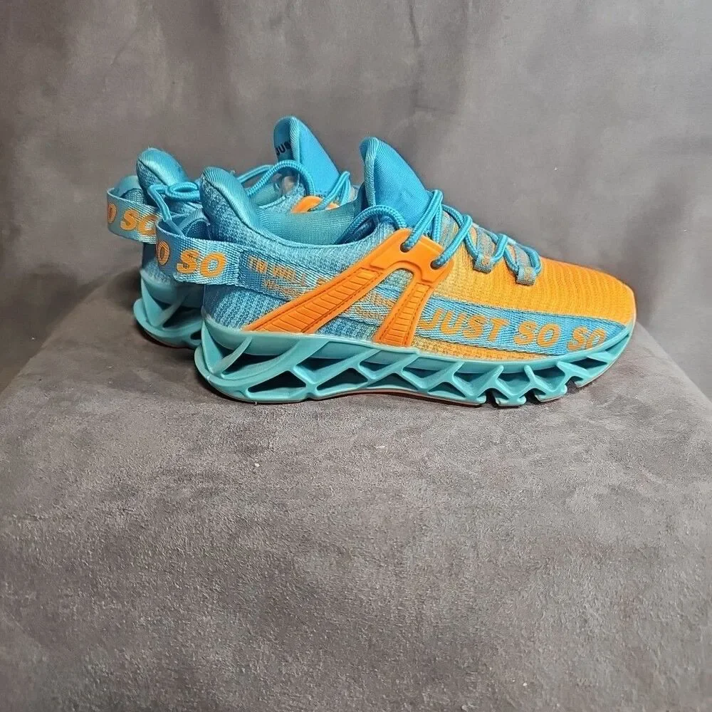 JUST SO SO Mesh Knit Athletic Running Tennis Shoes Orange Turquoise Kids Sz 32