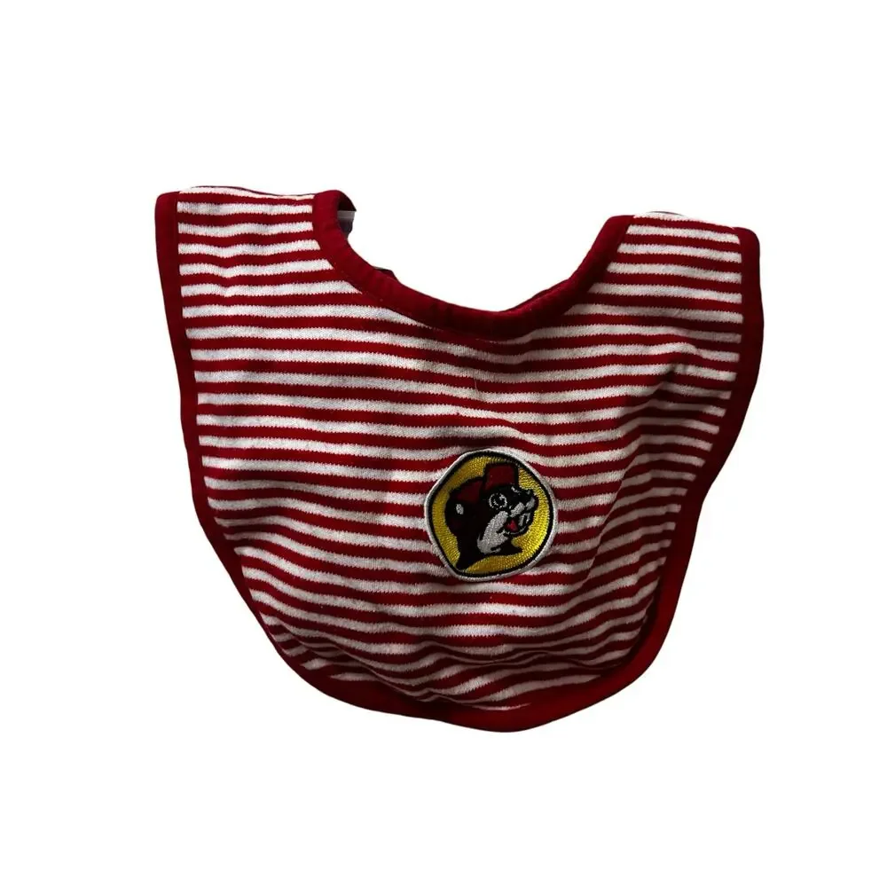 Buc-ee's Red & White Striped Newborn Bib Snap Closure beaver logo embroidery EUC
