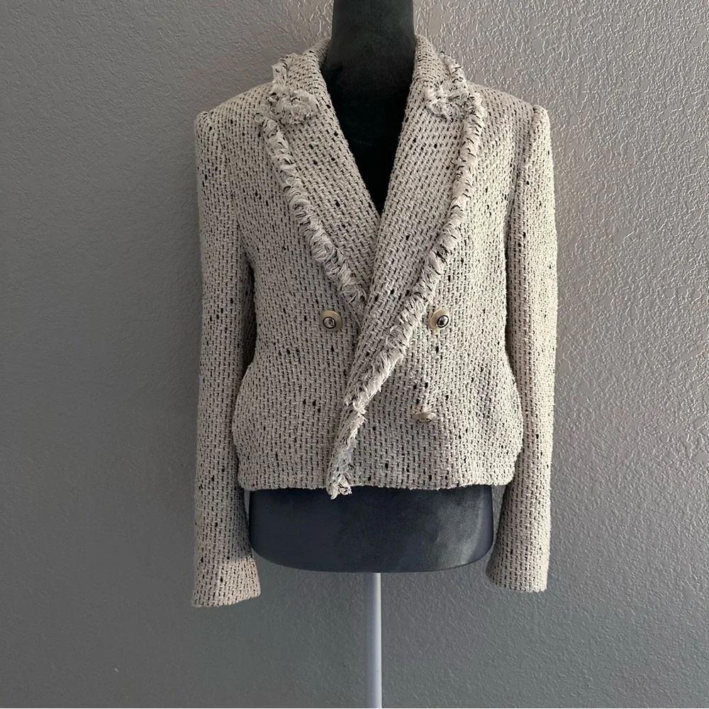 Zara Tweed Bouclé Cropped Blazer Jacket Frayed Trim Double Breasted L