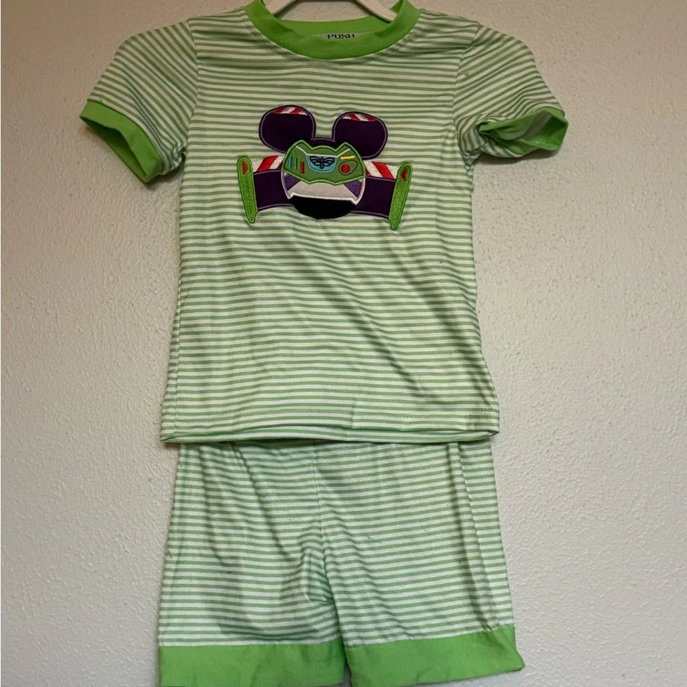 Mickey Green Striped Kids Pajama Set with Buzz Mouse Appliqué