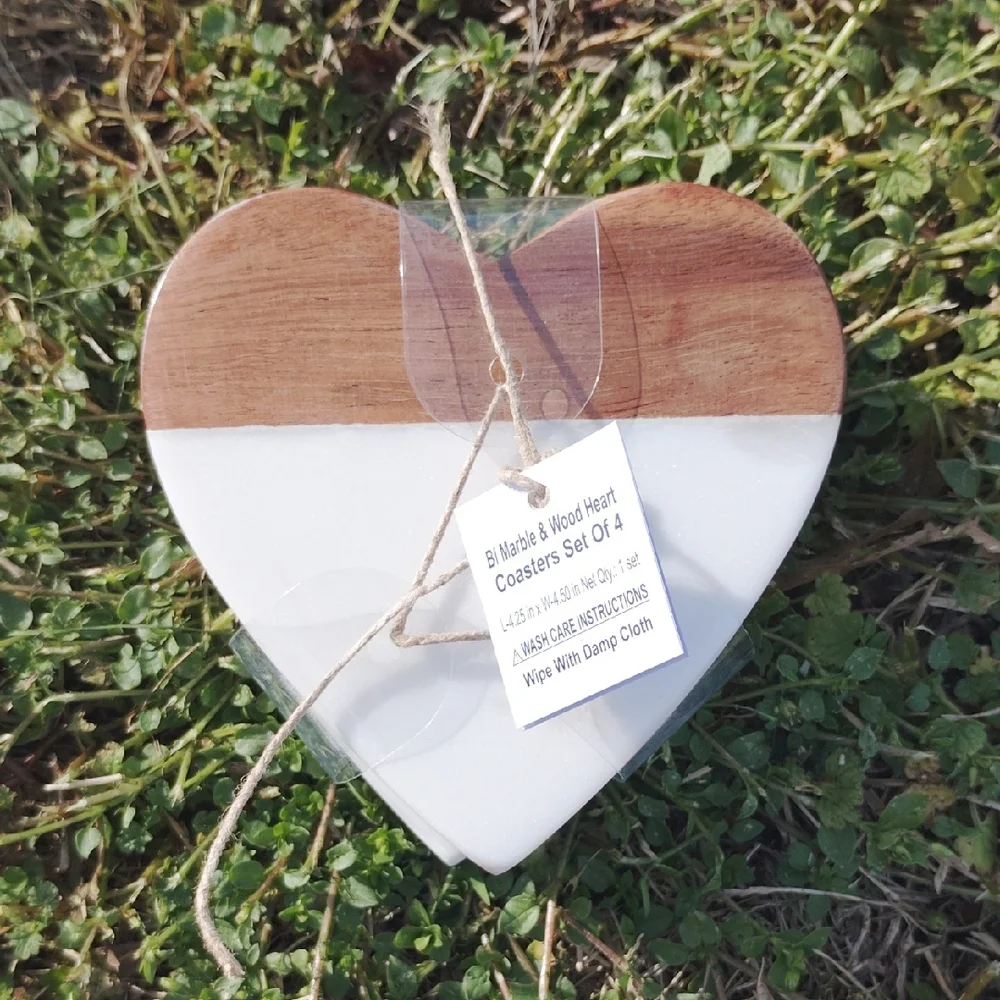 Heart-Shaped Marble and Wood Coasters