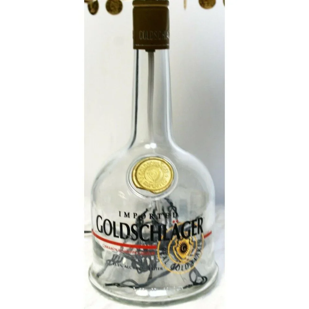 Goldschlager Table Lamp Clear Bottle Black Shade Coin Fringe Handmade Rice Light