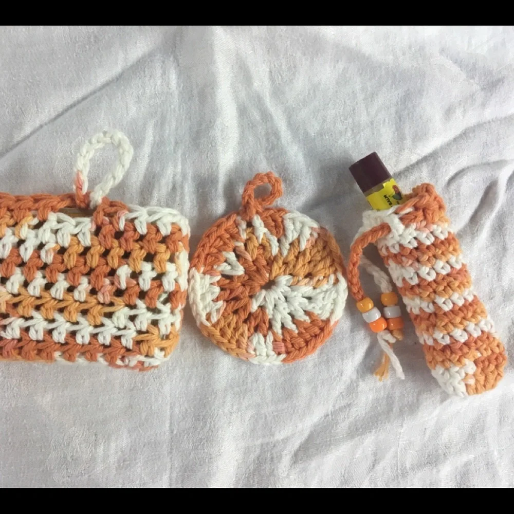 Handcrafted Crochet Spa Beauty Bath Gift Set. Orange/White. Eyes/Lips/Face