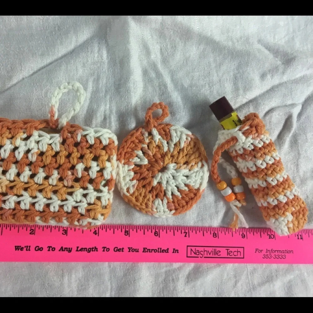Handcrafted Crochet Spa Beauty Bath Gift Set. Orange/White. Eyes/Lips/Face