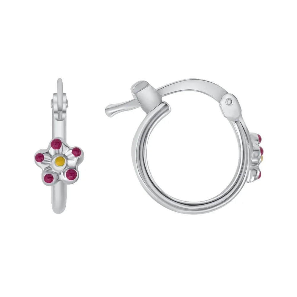 STERLING SILVER 925 RHODIUM PLATED ENAMELED FLOWER HOOP EARRINGS