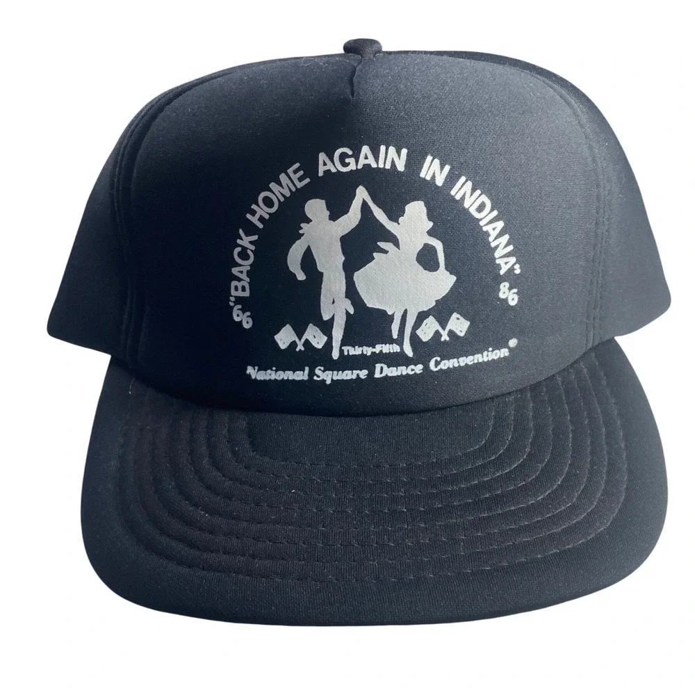 Vintage National Square Dance 86 Black Trucker Hat Back Home Again Indiana