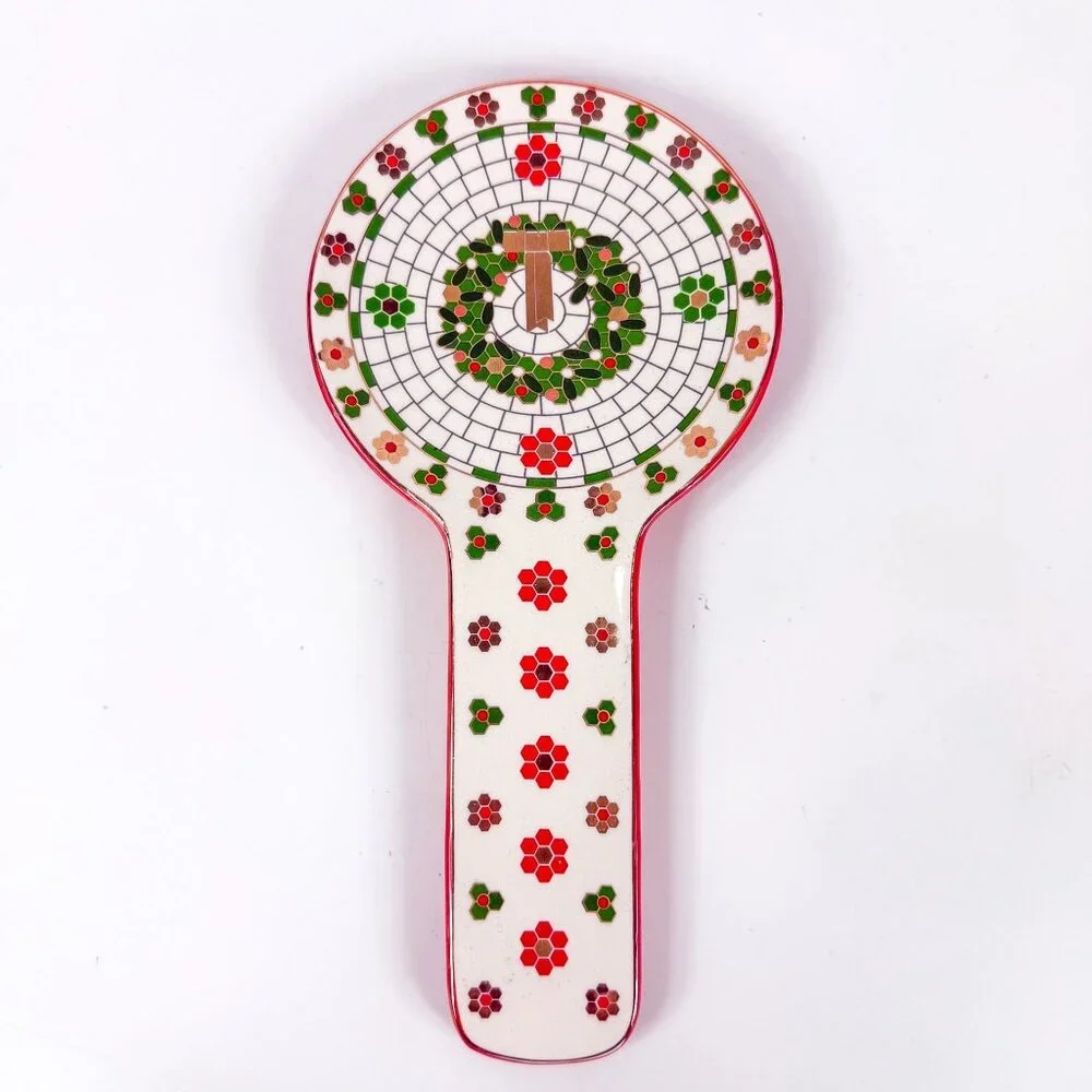 The Bistro Tile Stoneware Spoon Rest Christmas Festive Edition Red Wreath